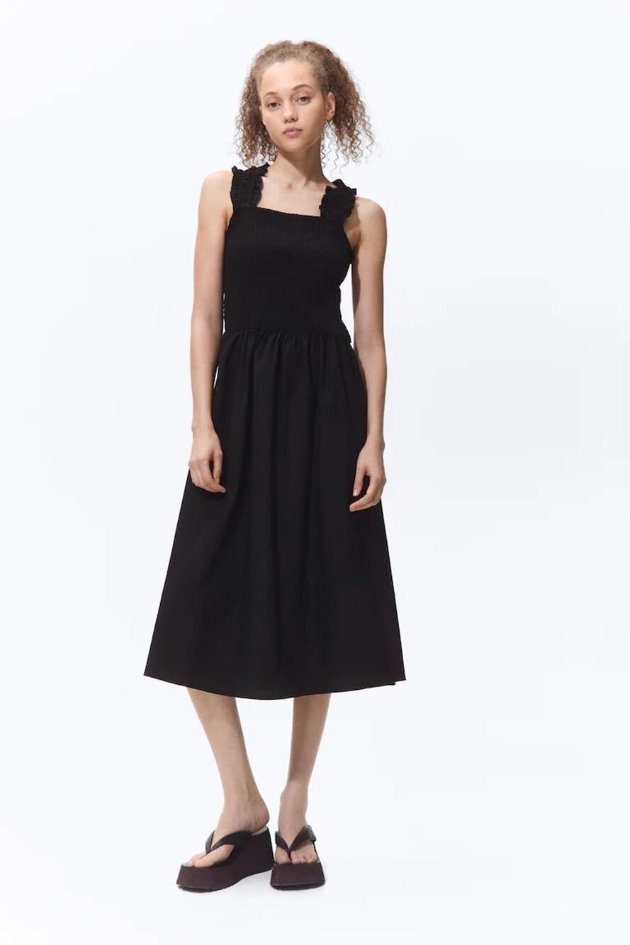 NWT H&M 100% Cotton Smocked Black Midi Dress Size Small
